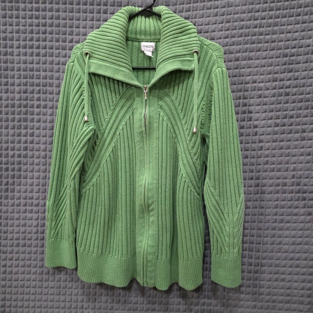 Green Ribbed Zip Sweater Jacket Lg Shawl Collar Stretch Athleisure Preppy Kelly